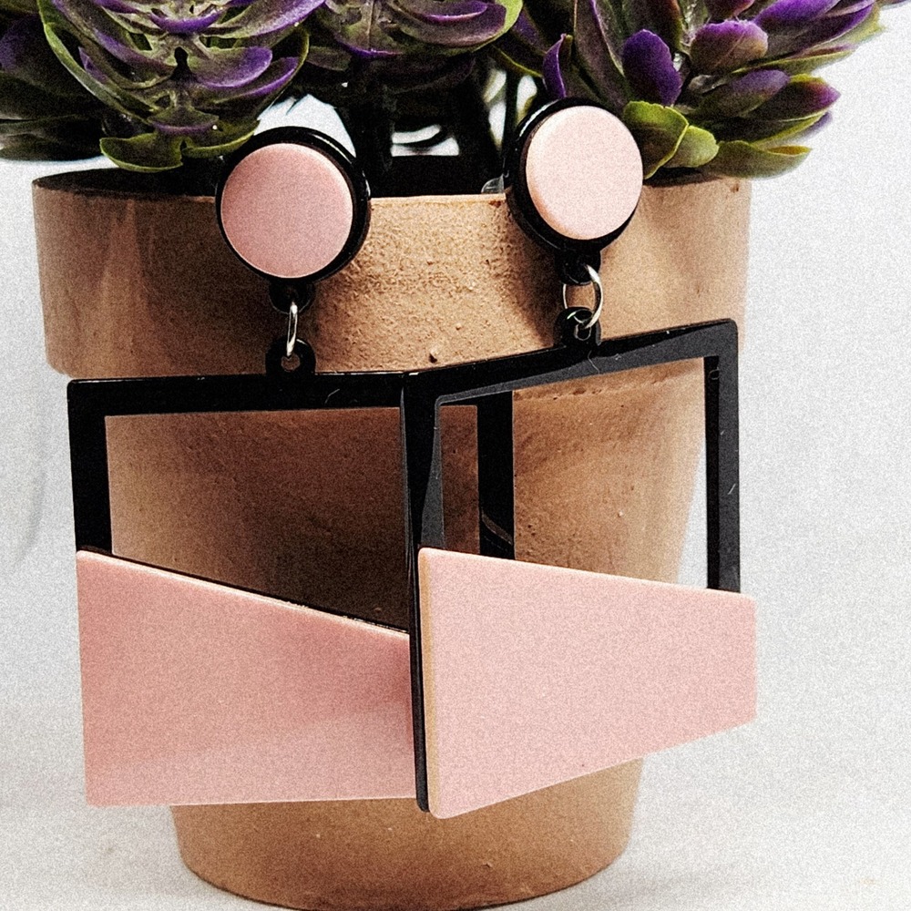 Pink and Black Geometric Acrylic Drop Earrings Square Statement Dangles Retro